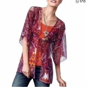 CAbi #841 & #5935 Multicolor Paisley Sheer Kimono and tank top